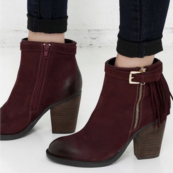Steve Madden Women's Burgundy Woodmeer Nubuck Leather Fringe Ankle Bootie Size 8 - Picture 1 of 14